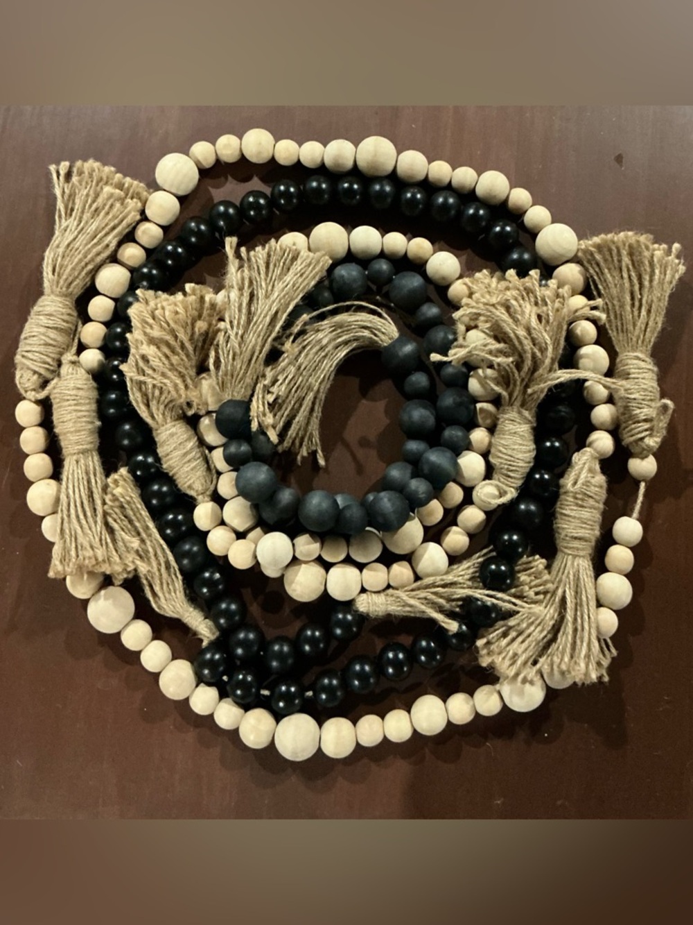 Natural Wood and Black/Cream Beads & Tassel Garland - Neutral Home Accent
